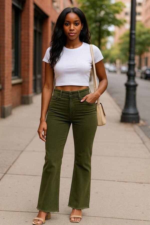 High- Waisted Tailored Olive Flared Pants - Image 3