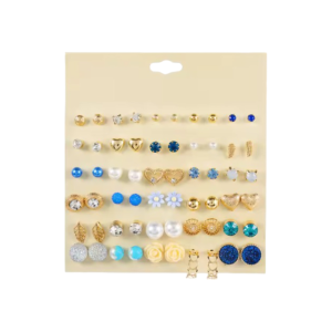 A vibrant and diverse set of stud earrings featuring a variety of designs, including gold accents, pearls, floral motifs, and colorful gemstones.
