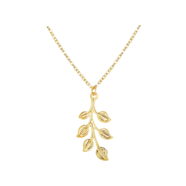 Necklace with gold branch and leaf pendant design.