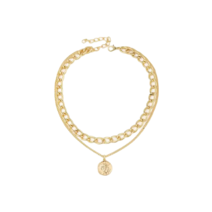 Chunky gold layered necklace with a bold curb chain and coin pendant featuring intricate detailing, creating a statement accessory.