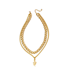 Chunky Gold Chain Layered Necklace with Snake Pendant A display of layered gold necklace set, featuring a chunky chain choker and a second delicate chain with a snake- shaped pendant.