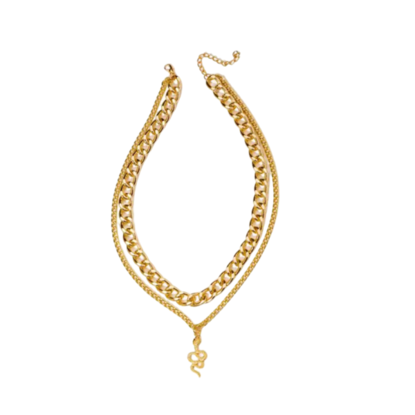 A display of layered gold necklace set, featuring a chunky chain choker and a second delicate chain with a snake- shaped pendant.