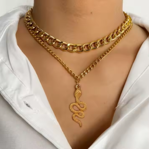 Statement Gold Chain Layered Necklace with Snake Pendant