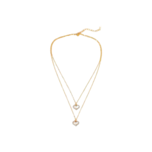 A delicate layered gold necklace featuring two fine chains, each adorned with heart- shaped pendants. This design is elegant and minimalistic, perfect for everyday wear or special occasions.