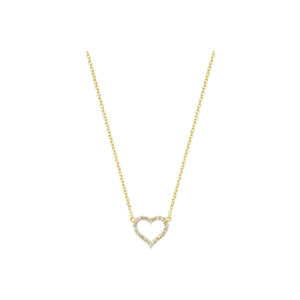 Necklace featuring a delicate chain with a heart- shaped pendant adorned with small stones.