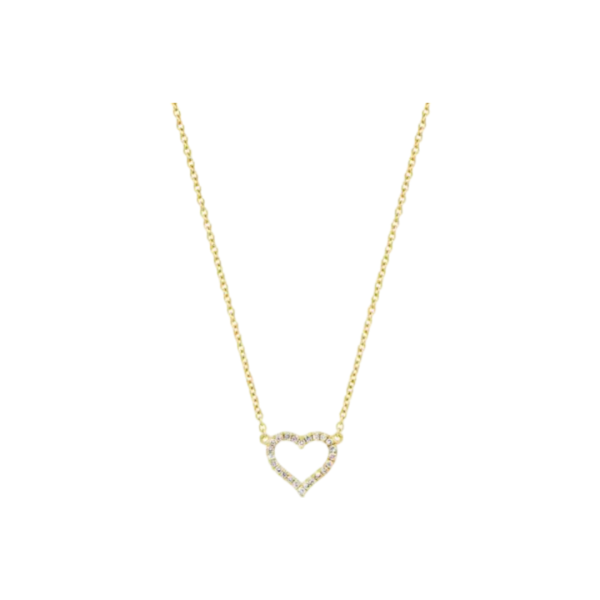 Necklace featuring a delicate chain with a heart- shaped pendant adorned with small stones.