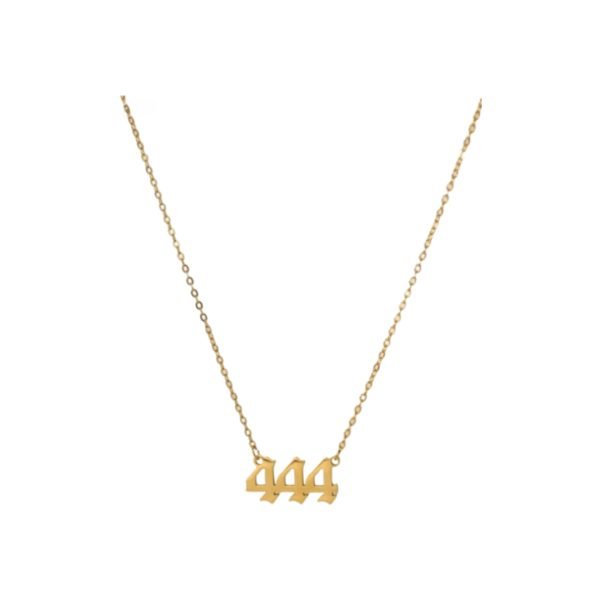 Gold necklace featuring the number '444' as a bold and stylish pendant, crafted with a delicate chain for a minimalist yet meaningful design.