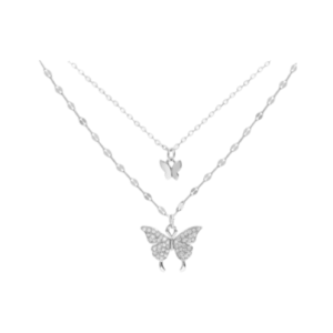 A delicate layered necklace featuring a dainty butterfly pendant on one chain and a small charm on the other, crafted in a minimalist and elegant design.
