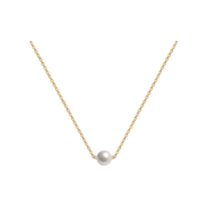 Gold necklace featuring a single, elegant pearl pendant with a delicate chain, showcasing a minimalist and timeless design.