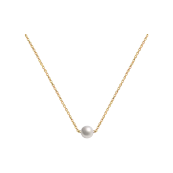 Gold necklace featuring a single, elegant pearl pendant with a delicate chain, showcasing a minimalist and timeless design.