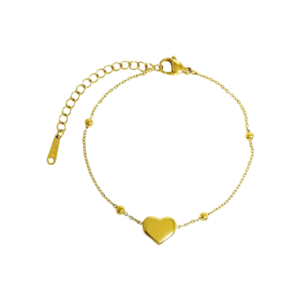 Delicate gold chain bracelet/ anklet featuring a heart- shaped charm and an adjustable clasp with an extender chain.