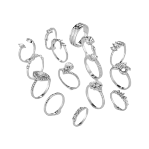 Collection of silver rings featuring intricate designs, including gemstones, heart motifs, leaf patterns, and geometric accents, perfect for stacking or individual wear.