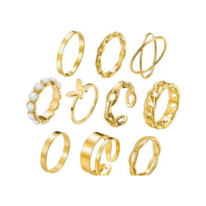 Set of gold rings featuring gemstones, intricate patterns, and timeless designs, ideal for stacking or wearing individually.