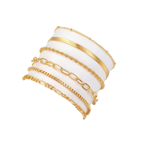 This image features a set of stylish gold anklets, showcasing various chain designs, including chunky links, twisted rope styles, box chains, and a sleek flat herringbone chain.