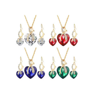 This image showcases a collection of heart shaped jewelry sets, including necklaces and amtching earrings, in various colors such as red, bule, green, and clear. Each set features a gold- tone design with sparkling accents for added brilliance.