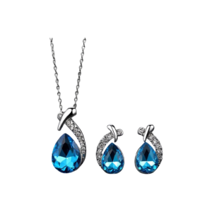 This image features a jewelry set that includes a necklace and matching earrings,. The design showcases teardrop- shaped stones accentuated by sleek, curved metallic settings and sparkling embellishments.