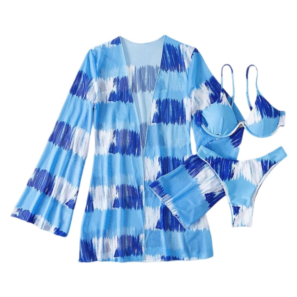 A chic- three- piece swimwear set featuring a unique abstract pattern, including a triangle bikini top, matching high- cut bottoms, and a coordinating lightweight cover- up for effortless beach style.