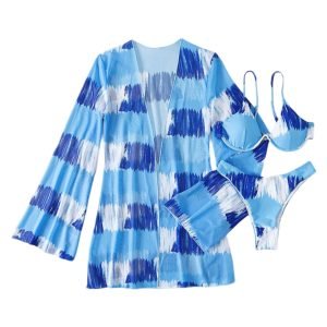 A chic- three- piece swimwear set featuring a unique abstract pattern, including a triangle bikini top, matching high- cut bottoms, and a coordinating lightweight cover- up for effortless beach style.