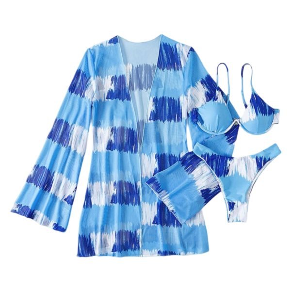 A chic- three- piece swimwear set featuring a unique abstract pattern, including a triangle bikini top, matching high- cut bottoms, and a coordinating lightweight cover- up for effortless beach style.