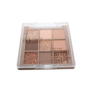 Eyeshadow palette with nine shades, including a mix matte and glitter finishes in neutral and gold tones.
