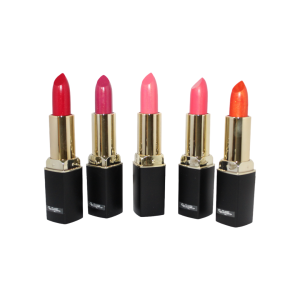 A sleek lipstick in a black and silver tube, displayed upright against a clean, neutral background.
