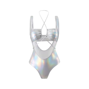 one- piece swimsuit featuring a shimmering metallic finish, cut- out details, and crisscross straps for a bold and stylish beach look.