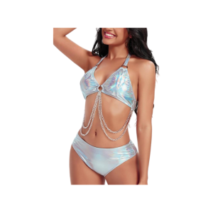 Two- piece bikini featuring a halter neckline, chain embellishments, and a sleek high- waist bottom for a bold and fashionable beach look.
