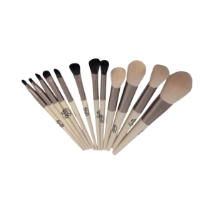 12- Piece Professional Wooden Handle Makeup Brush Set This image features a set of high- quality brushes with a uniform, sleek design.
