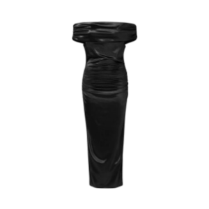 An elegant off- shoulder gown featuring a fitted bodice with rushed detailing and a dramatic high slit, creating a sophisticated and stylish silhouette.