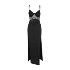 Elegant lace corset maxi dress with thigh- high side slits, adjustable spaghetti straps, and a figure- hugging silhouette, perfect for evening evens and special occasions.