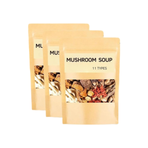 Dried mushroom soup mix containing a blend of dried cordyceps, red dates, goji berries, and other traditional herbal ingredients. The mix showcases various textures and earthy tones, with vibrant red dates and delicate dried mushrooms.