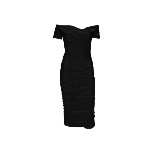 Off- the- shoulder Bodycon Dress with Ruched Detailing and a Figure- Hugging Silhouette.