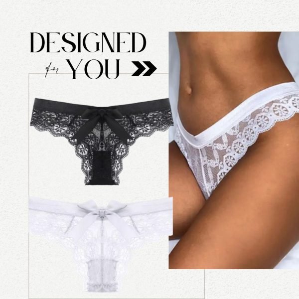 Lace thong-style panties with a delicate bow at the back, featuring an intricate floral lace pattern and a flattering cut.