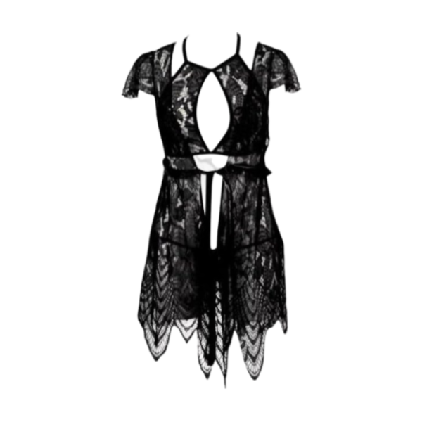 Elegant black lace lingerie set featuring a strappy halter-style top with intricate lace patterns, a keyhole cutout as the chest, delicate cap sleeves, and a matching sheer lace robe with a wait tie. Paired with a coordinating lace thong for a sultry and sophisticated look.