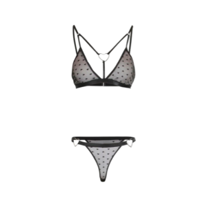 Strappy lingerie set featuring a sultry bralette with heart- shaped metal accents and a matching high- cut thong with coordinating heart details. Crafted from soft, sheer fabric for a flirty and daring look, perfect for intimate moments and special occasions.