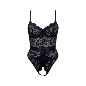 Black lace bodysuit floral patterns, adjustable spaghetti straps, satin ribbon waistband with a bow, and an open-back design featuring a large satin bow tie.