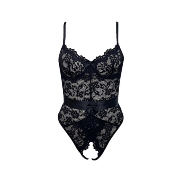 Black lace bodysuit floral patterns, adjustable spaghetti straps, satin ribbon waistband with a bow, and an open-back design featuring a large satin bow tie.