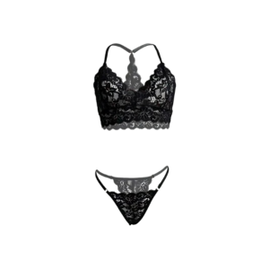 Black lace lingerie set featuring a haler bralette with scalloped edges and matching lace thong with adjustable side straps.