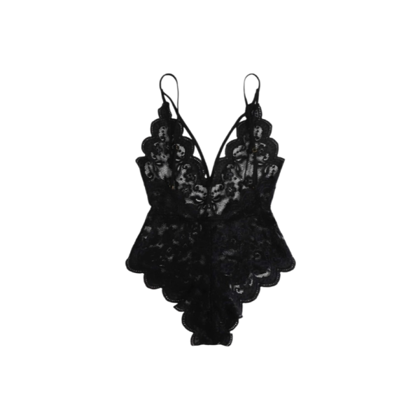 Lace bodysuit featuring a floral design, adjustable shoulder straps, a corset- style lace- up back, and scalloped trim.