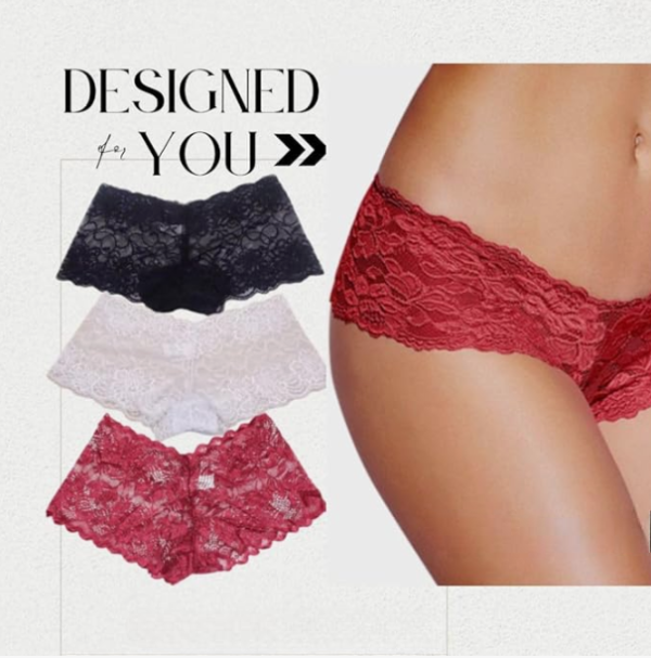 Lace panties featuring a delicate floral pattern, scalloped edges, and a soft, stretchy fit for comfort and style.