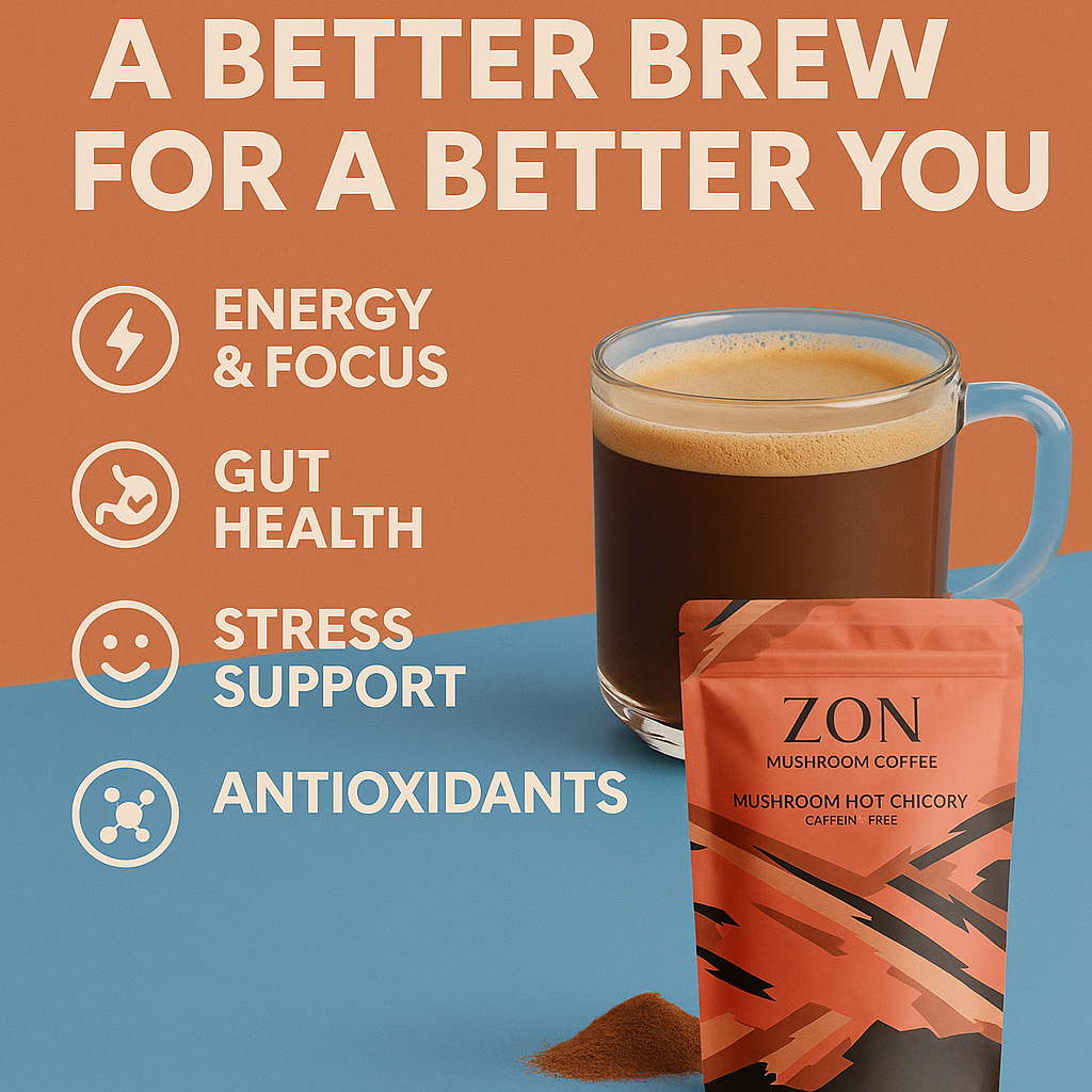 ZON Mushroom Coffee product packaging promo material including some benefits