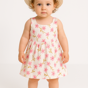 Baby girl wearing a pink floral sundress with angel wing sleeves at the back, paired with a straw hat.