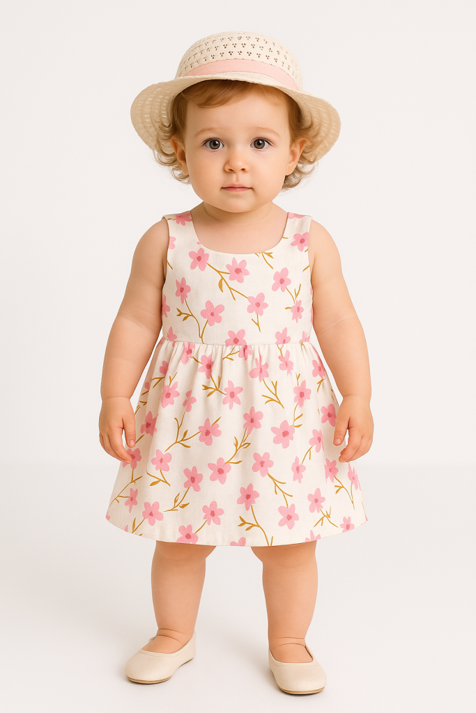 Baby girl wearing a pink floral sundress with angel wing sleeves at the back, paired with a straw hat.