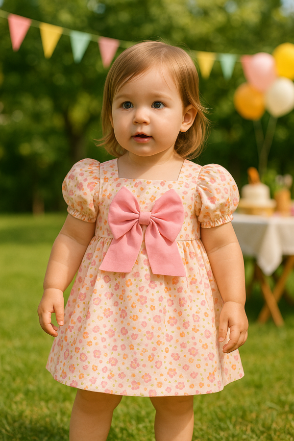 Toddler Girls Puff Sleeve Floral Dress with Big Bow - Image 9