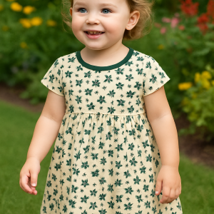 Baby girl wearing a soft floral print dress with short sleeves, perfect for warm weather and casual outings.