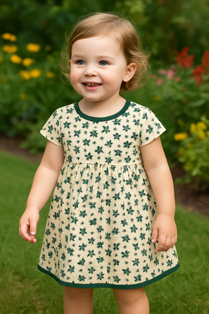 Baby girl wearing a soft floral print dress with short sleeves, perfect for warm weather and casual outings.
