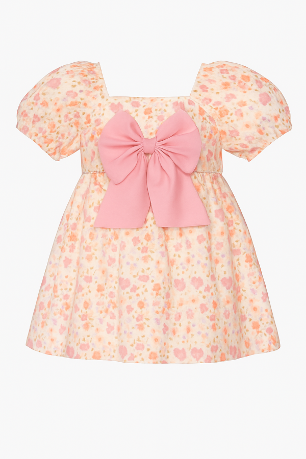 Toddler Girls Puff Sleeve Floral Dress with Big Bow - Image 7