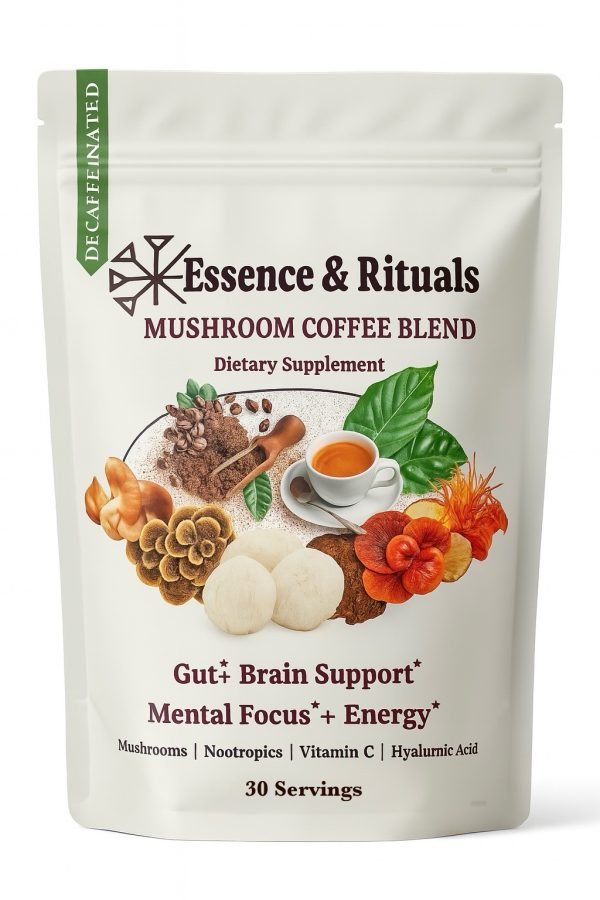 Essence & Rituals decaffeinated & caffeinated mushroom coffee blend dietary supplement with Lion's mane, reishi, cordyceps, and other medicinal mushrooms for gut health, brain support, and mental focus- 30 servings.