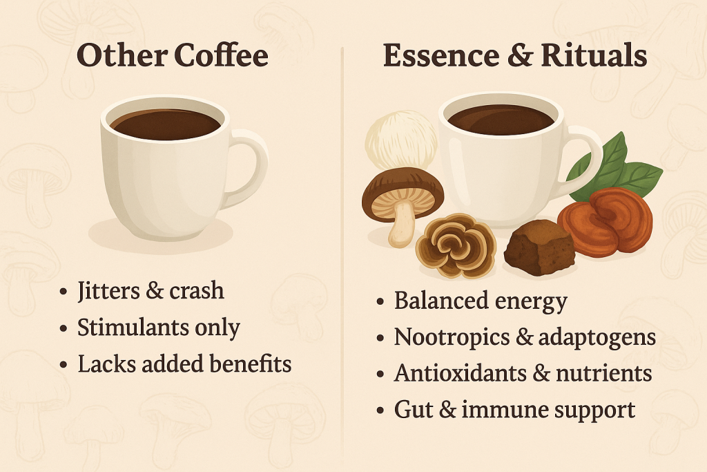 Essence & Rituals Mushroom Coffee vs Other Regular Coffee