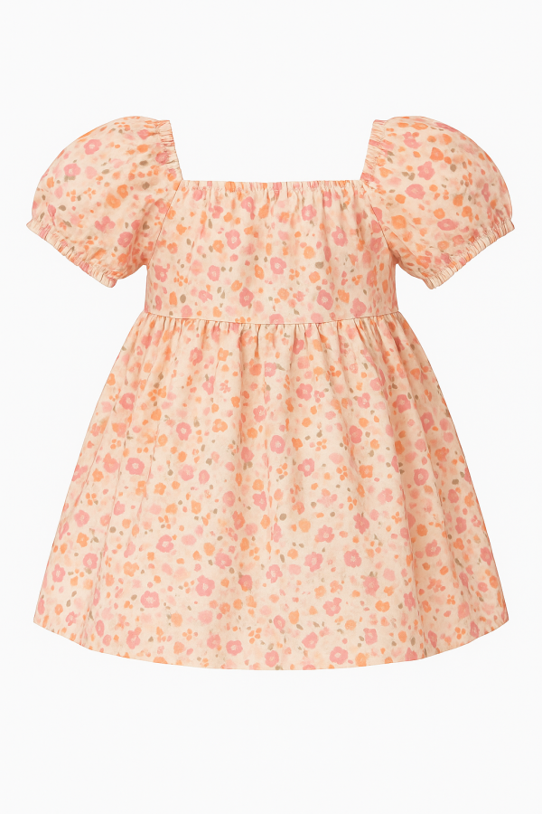 Toddler Girls Puff Sleeve Floral Dress with Big Bow - Image 11